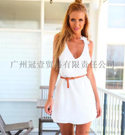 欧美夏季新款 性感蕾丝吊带连衣裙小白裙 后背镂空纯色连衣裙