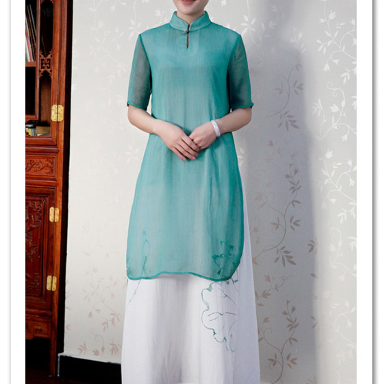 木棉道批发 夏新 假两件中国风连衣裙 手绘唐装 气质立领裙子16083